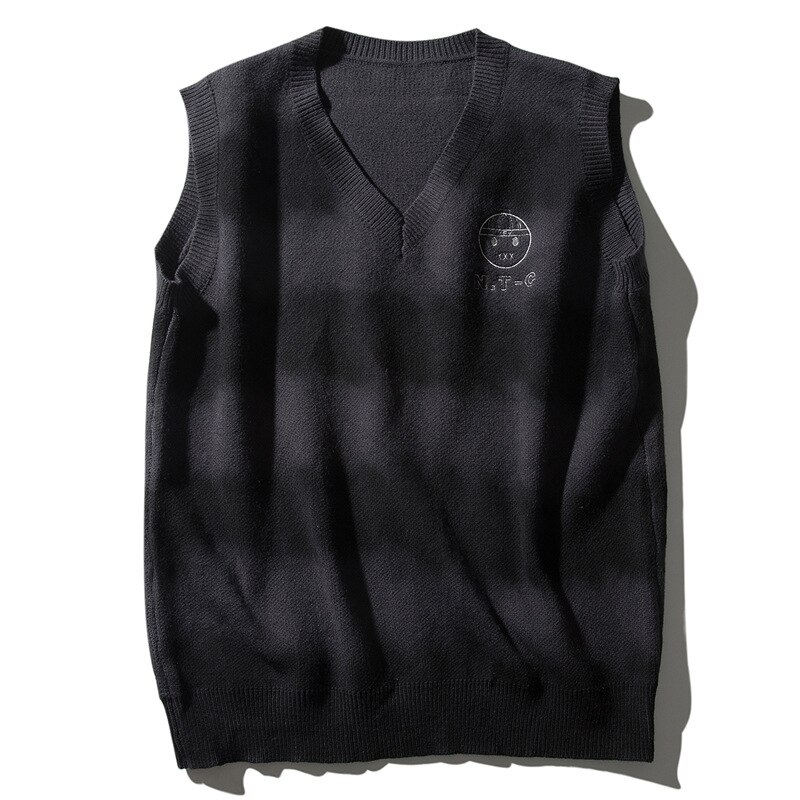 Suéter Chaleco de retales con cuello en V bordado degradado sin mangas, Tops tejidos, chalecos para hombres holgado de talla grande Harajuku que combina con todo: MY015-B / XXL