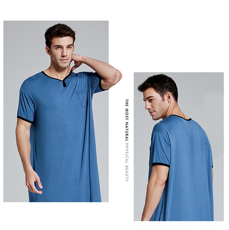 Robe de nuit en coton à manches courtes pour hommes, Vintage, pyjama, col rond, poches, couleur unie, Kaftan, Robes de bain, vêtements pour la maison, M-3XL