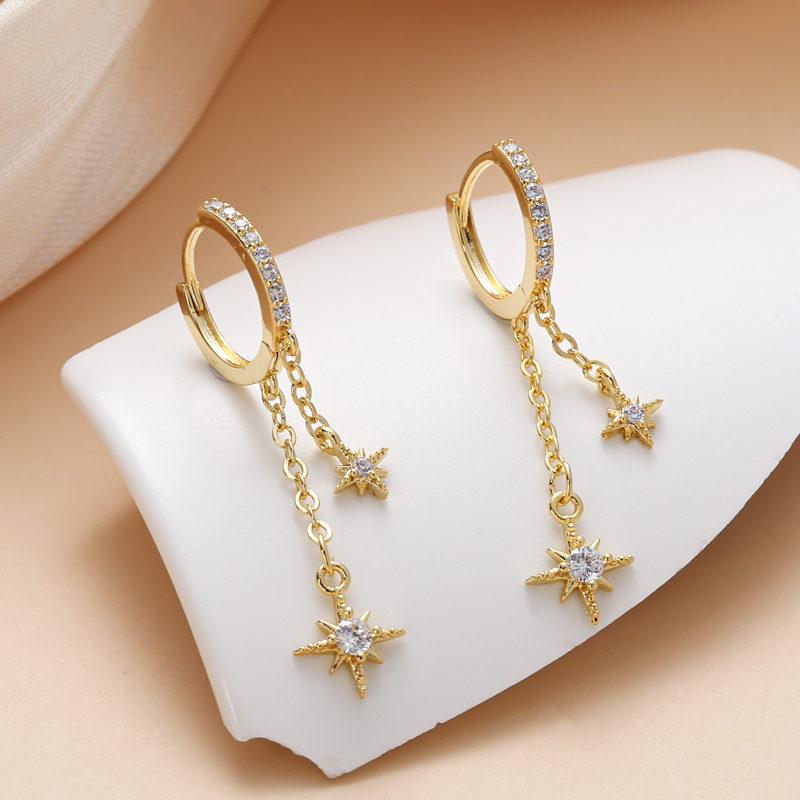 Dames oorbellen met sterren, kubieke zirkonia steentjes, verguld, creooloorbellen, trendy schattige meisjes sieraden, tessel oorbellen.