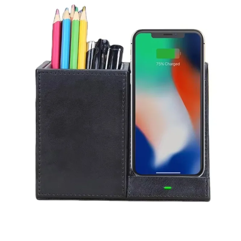 Leren pennenhouder voor op het bureau, draadloze oplaadstandaard voor je telefoon