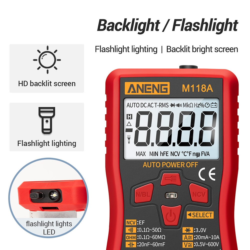 ANENG M118A retroiluminación multímetro Digital sin contacto estable pantalla LCD herramienta de medida ABS de batería inteligente para automóbil de