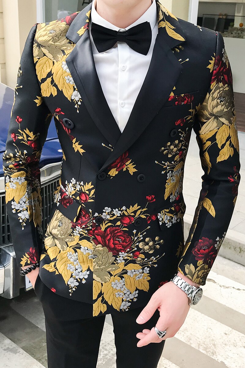 Blommig kavaj herr svart guldtryck slim kavaj dubbelknäppt gentleman wedding club casual kavaj