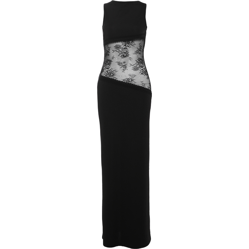 Macheda mesh patchwork kjole kvinder uregelmæssig jacquard rygløs  y2k sommer midnat sexet hipster klub fest klassisk lang bodycon: L