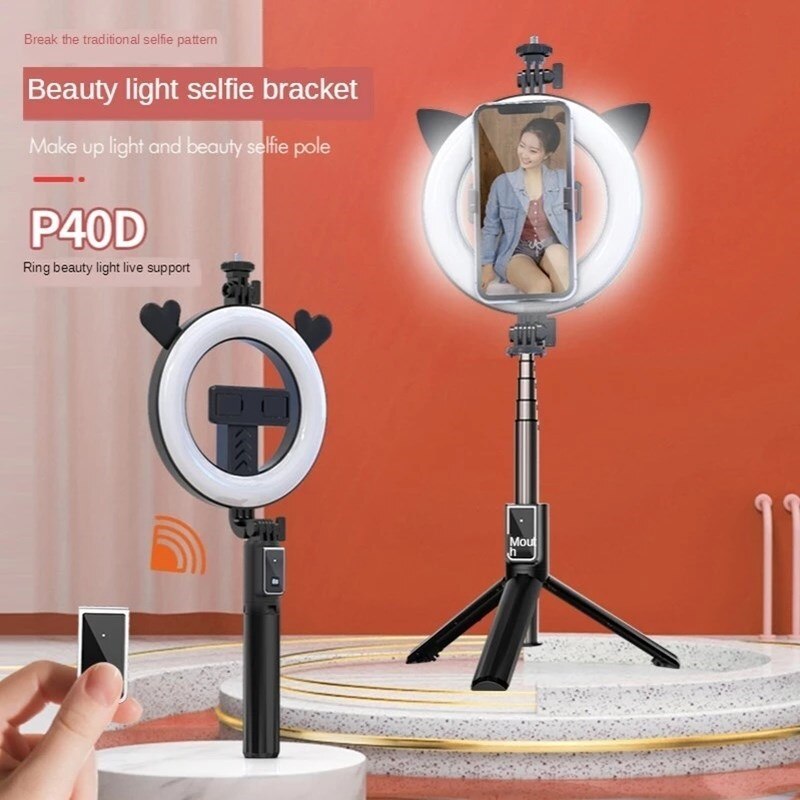 P40D Bluetooth 4.2 Remote Selfie Stok Verstelbare Statief Met 6 Inch Led Ring Licht Invullen Voor Smartphone Actie Video Camera 'S