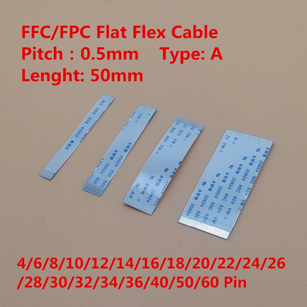 10 stk ffc/fpc flat bøye seg kabel 5cm 4/6/8/10/12/14/16/18/20/22/24/26/28-60 pinner samme side 0.5mm tonehøyde awm vw -1 20624 20798 80c 60v