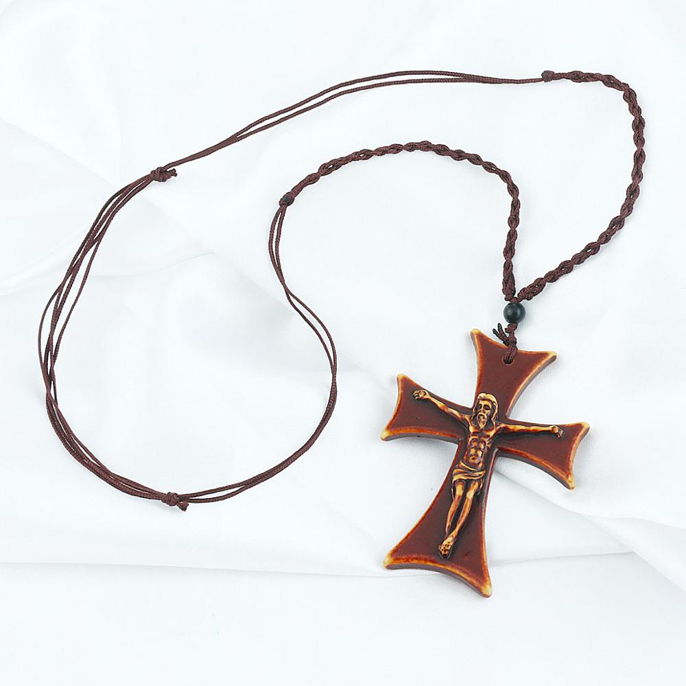 Retro röd akryl krucifix jesus hänge halsband herr riddare maltesiska järn kors halsband justerbara rep kedja smycken: Default Title
