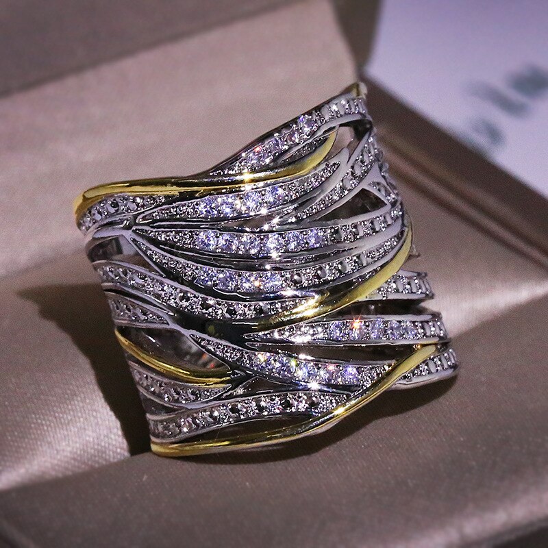 Silver Gold Big Band Wing Feather Ring for Women Wedding Engagement Jewelry with Zircon Stone 925 Silver