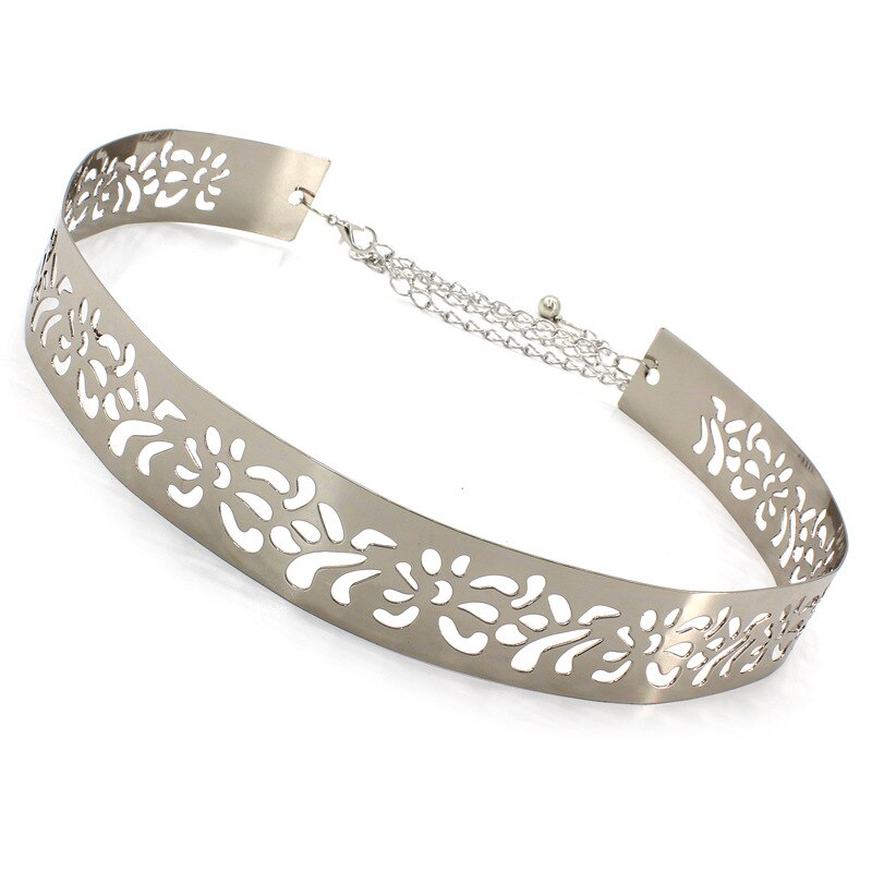 Cinturón de Metal ajustable para mujer, placa de Color dorado brillante, Plata Vintage, cadenas simples,: Hollow Out Silver