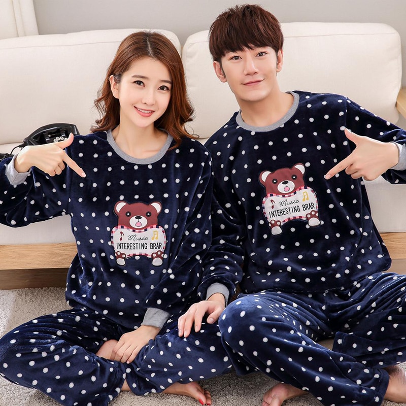 Flanellen winter dames warme print cartoon kat pyjama met lange mouwen lange broek plus dikke o-hals thuiskleding pak pyjama sets