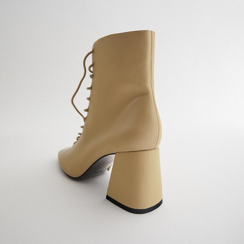 Linjinbo herfst vierkante neus kruisgestrikte hoge hakken laarzen dames kameelkleurige enkellaarsjes voor dames pu leren damesschoenen