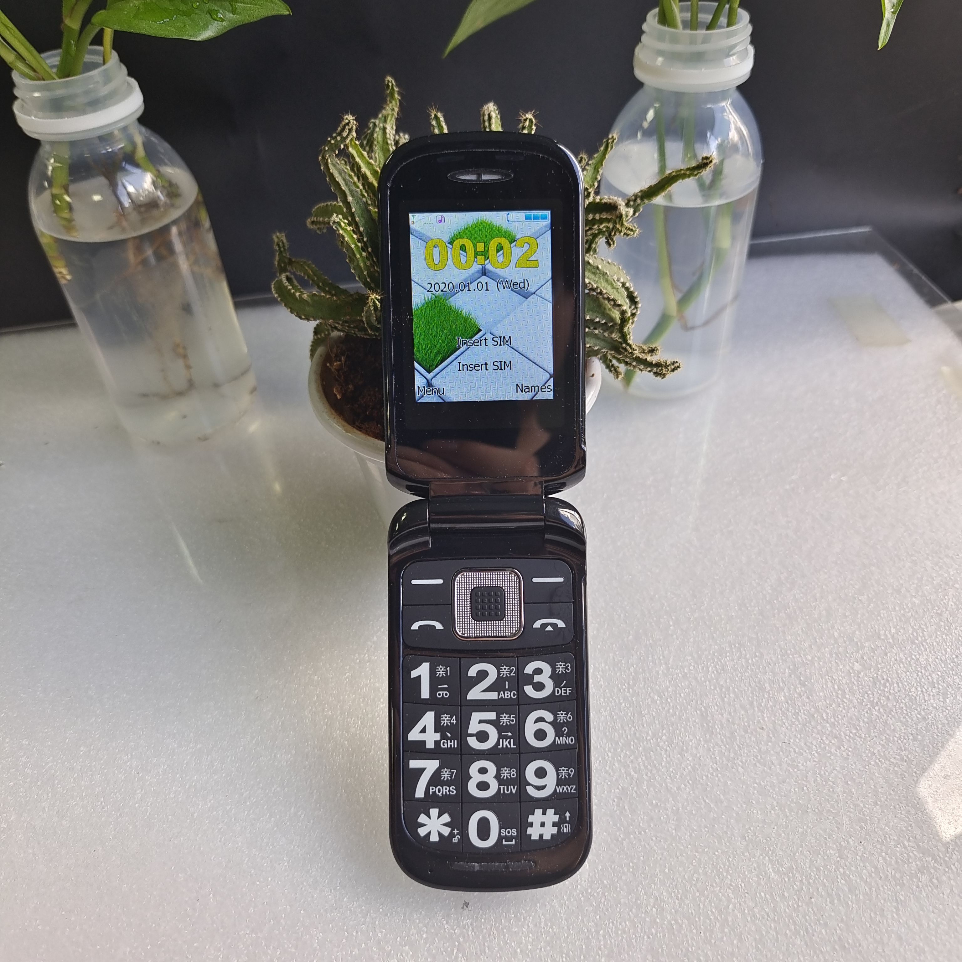 Rosa Mini-Flip-Telefon für Frauen, Dual-Screen, große Taste, SOS-Zifferblatt, Taschenlampe, Licht, Budget, Clamshell, mobiler Retro-Stil, langer Standby-Zeit: Black / Bündel 2