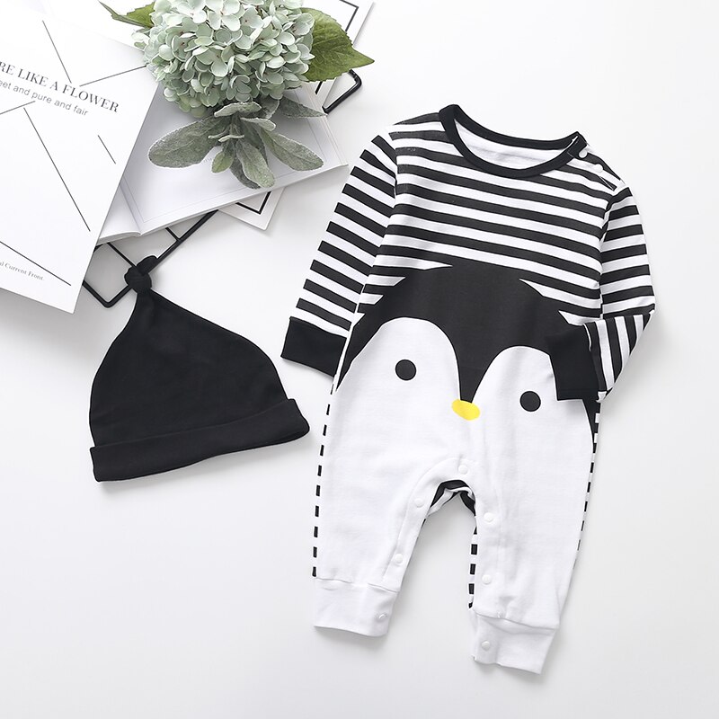 Herbst Karikatur jungen Kleidung Langarm Baby Strampler Neugeborenen Baumwolle Baby Mädchen Gesamt Kleinkind Kleidung + Hütte Pinguin stil