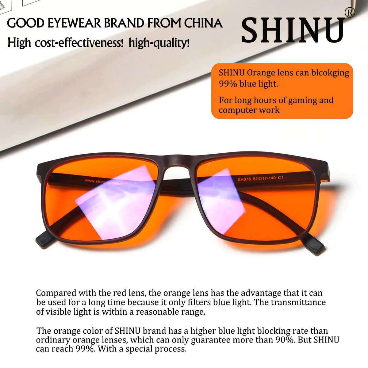 SHINU bon sommeil lumière bleue bloquant les lunettes hommes lentilles rouges Anti lumière verte éliminer la fatigue oculaire lunettes Bluelight: Orange