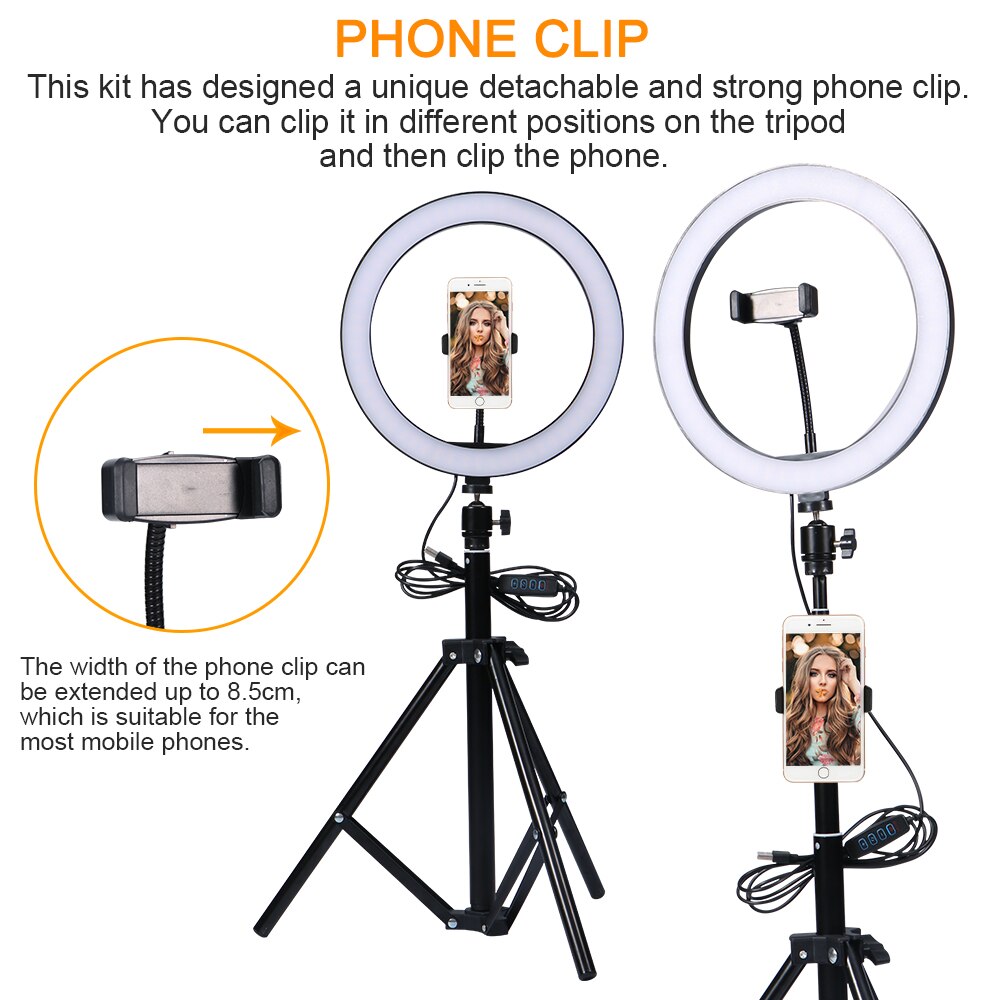 Dimmbare und verstellbare led-ringleuchte, usb-betrieben, für die meisten mobiltelefone, mit stativ und ausziehbarem stativ.