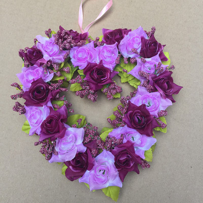 Heart-Shaped Rose Door Wall Hanging Wreaths Wedding Festival Decoration Road Lead Rose Flower Wreath Festival Supplies: purple