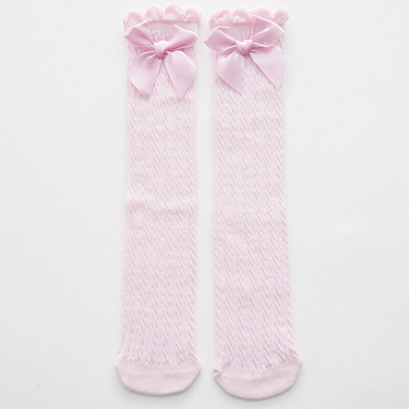 Kids Baby Girls Knee High Stocking Summer Breathable Mesh Cotton Stocking Tights Kids Bow Princess Long Stockings: Pink / Length 38cm