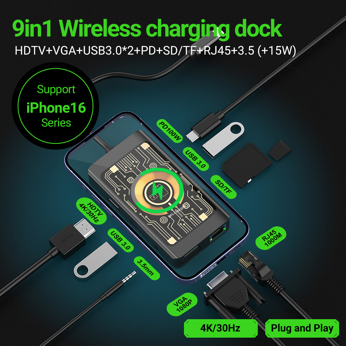 Base de carga inalámbrica multifuncional, estación de acoplamiento con cargador inalámbrico tipo C, Hub USB para expansión de teléfono/Pad/portátil, 9 en 1: Default Title