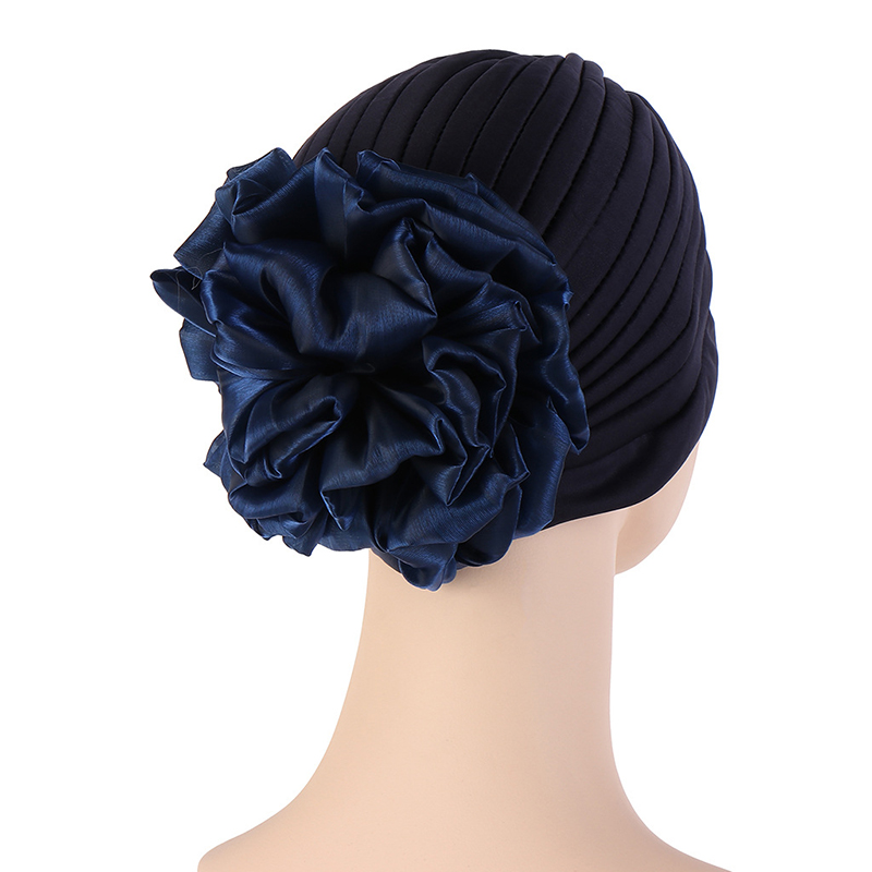 Solid Color Turban Hat Female Stylish Indian Exaggerated Big Flower Turban Hat Western Style Comfortable Pullover Hat: Navy Blue