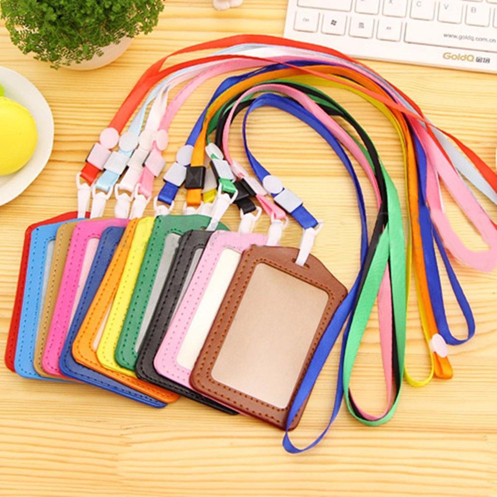 1Pcs PU Leather Candy Colors Pocket ID Card Pass Badge Holders Case with Neck Strap Lanyard School Office Supplies Student Card: Vertical