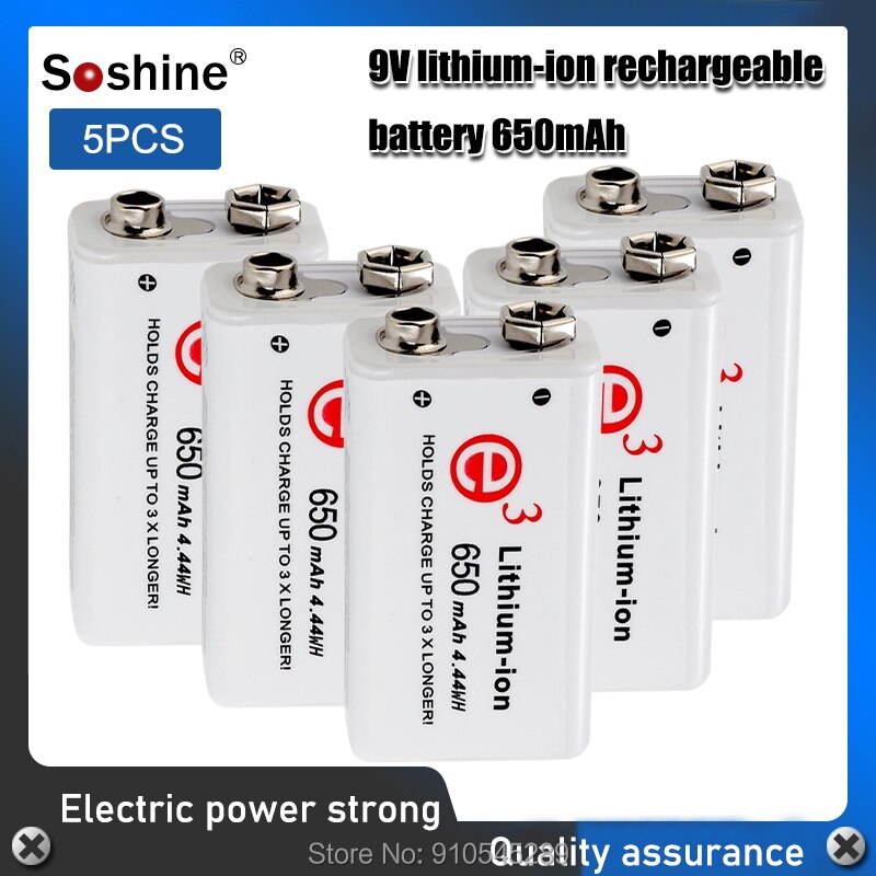 Soshine 6F22 650mAh 9V Li-ion Rechargeable Battery with Portable Battery Box for Multimeter / Wireless Microphone / Alarm: 5PCS