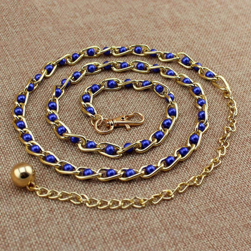 Women's Candy Color Pearl Beads Metal Thin Waist Belts Luxury Brand Harajuku Slim Chain Belt Dress Accessories Cinturon Mujer: Blue