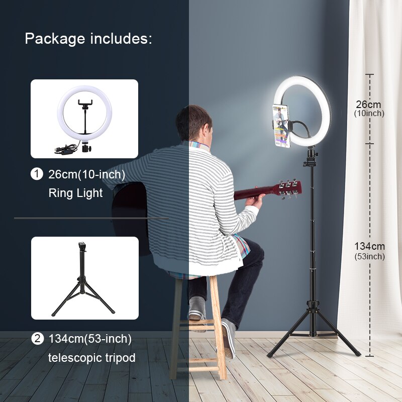 Éclairage Ring Light à Led avec trépied et Support Mobile, éclairage annulaire pour photographie et diffusion vidéo en direct: 26cm light 134tripod