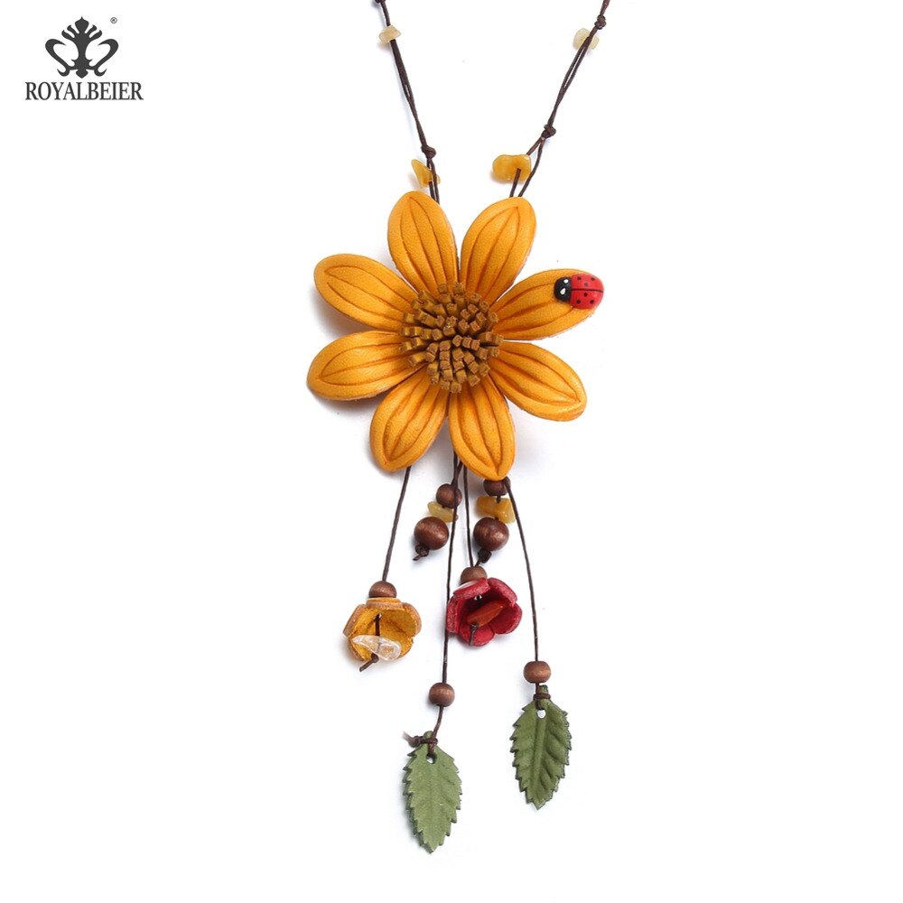 RoyalBeier 5 Kleuren Leer lucky Bloem Leaf Lange Hanger Ketting Bohemian Stijl Lederen Ketting Lange Vrouwen Ketting XL0148