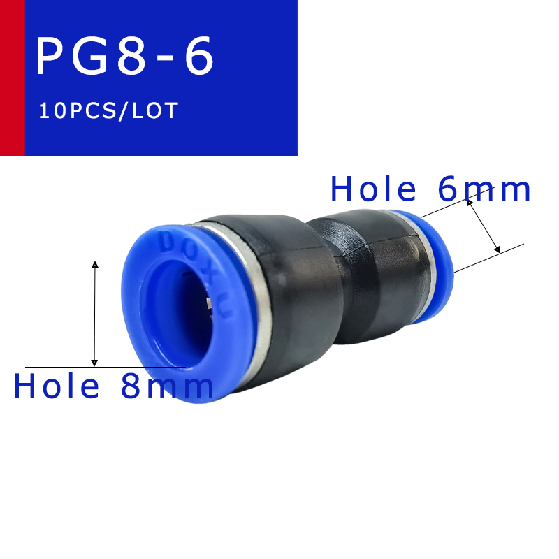 10PCS PG Series Unequal Diameter Air Tube Fitting Straight Union,One Touch Push In Pneumatic Fitting Connectors: PG8-6  (10PCS)