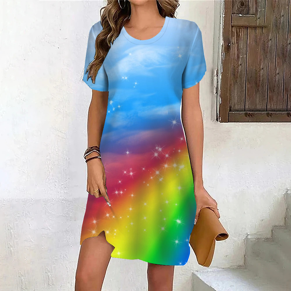 Rainbow Gradient 3D Print Women's Dress Summer Casual Sweet Short Sleeve Dress Streetwear Round Neck Mini Ladies Dresses