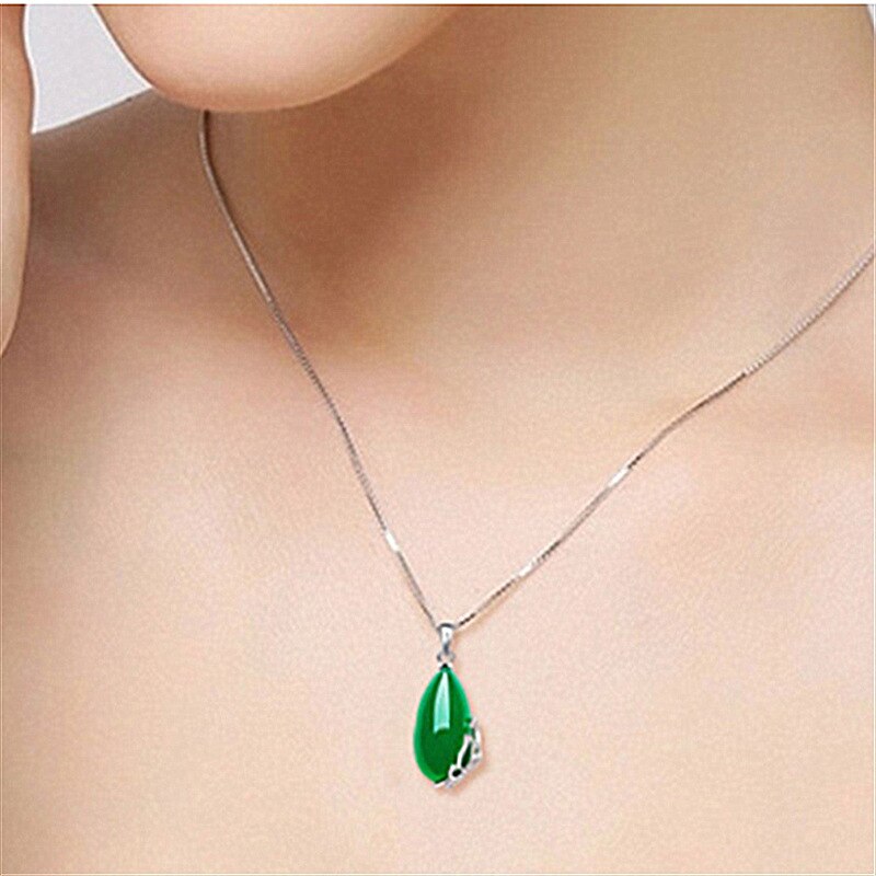 Natural Green Jade Chalcedony Water Pendant 925 Silver Necklace Chinese Carved Charm Jewelry Amulet for Women