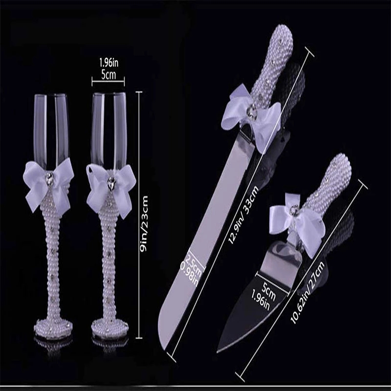 4Pcs Wedding Supplies Cake Knife Pie Server Set and Champagne Glasses Bride Groom for Banquet Birthday Decor Performance