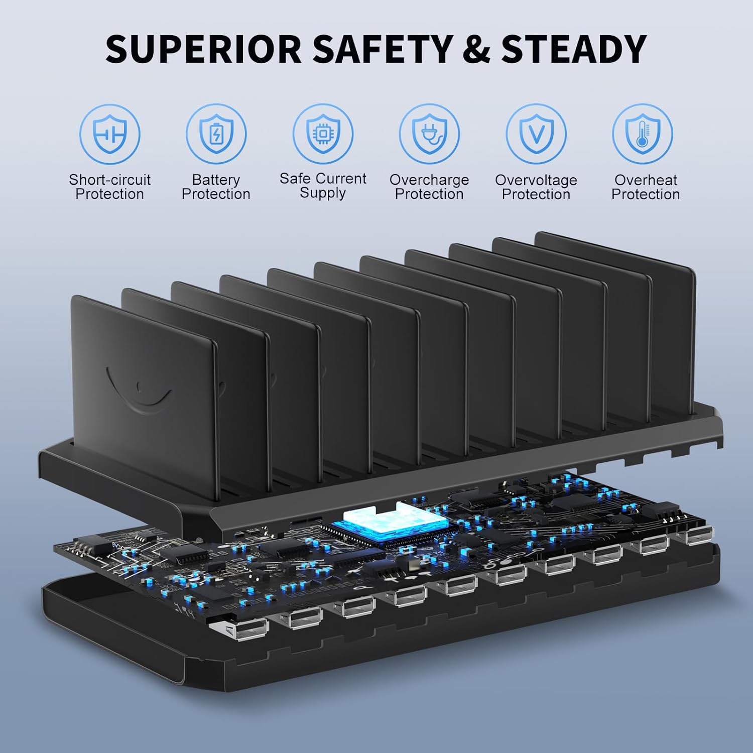 60-w -10-- port usb charging station with adjustable dividers, fast charging hub for multiple devices in hotels, shops, schools