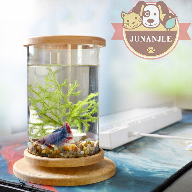 1 Pcs Glas Betta Aquarium Mini Aquarium Decoratie Accessoires Draaien Bamboe Base Decoratie Vis Kom Aquarium Accessoires