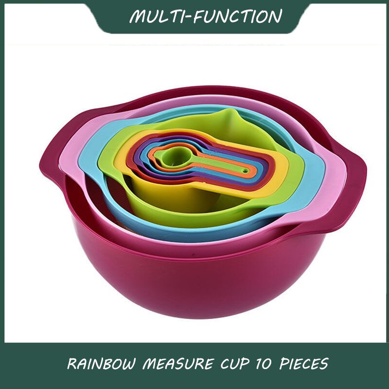 10Pcs Set Mixing Bowl Colour Measure Cup Spoons Baking Measurement Utensil Kitchen Measuring Colander Colander Sifter Tool