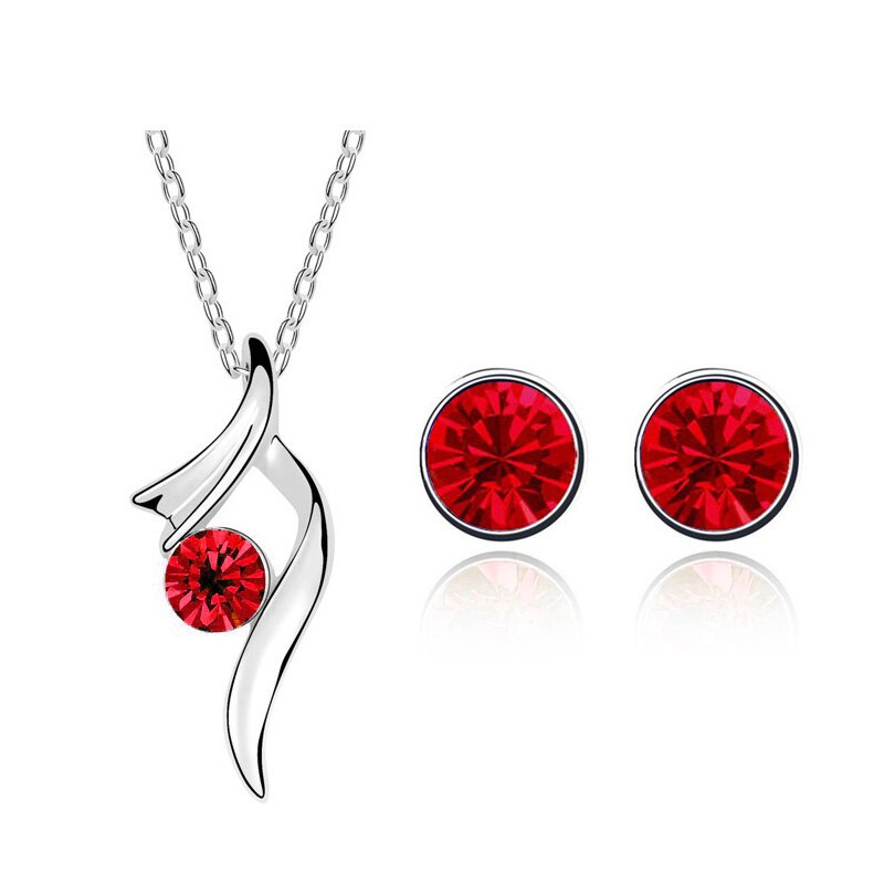 top czech rhinestone girl bridal charm ribbon round pendant necklace earring jewelry set 8 colors: red