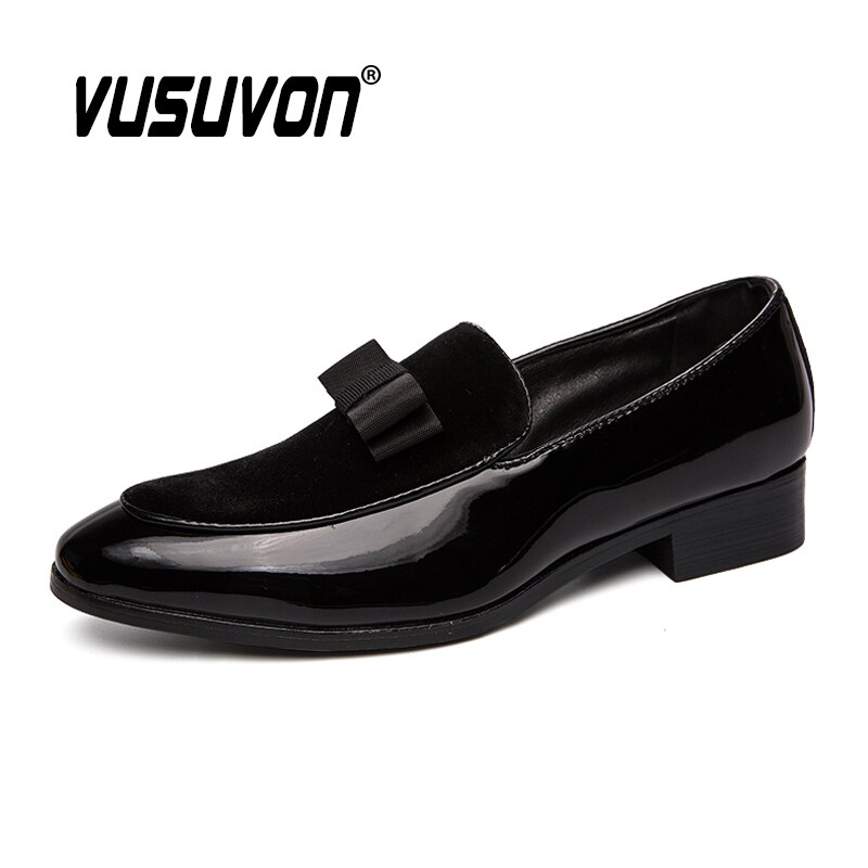 Vusuvon herr formella skor bowknot bröllopsklänning herrar lägenheter fritidsskor svart blå lack slip on mocka loafers herr sko: Svart / 11