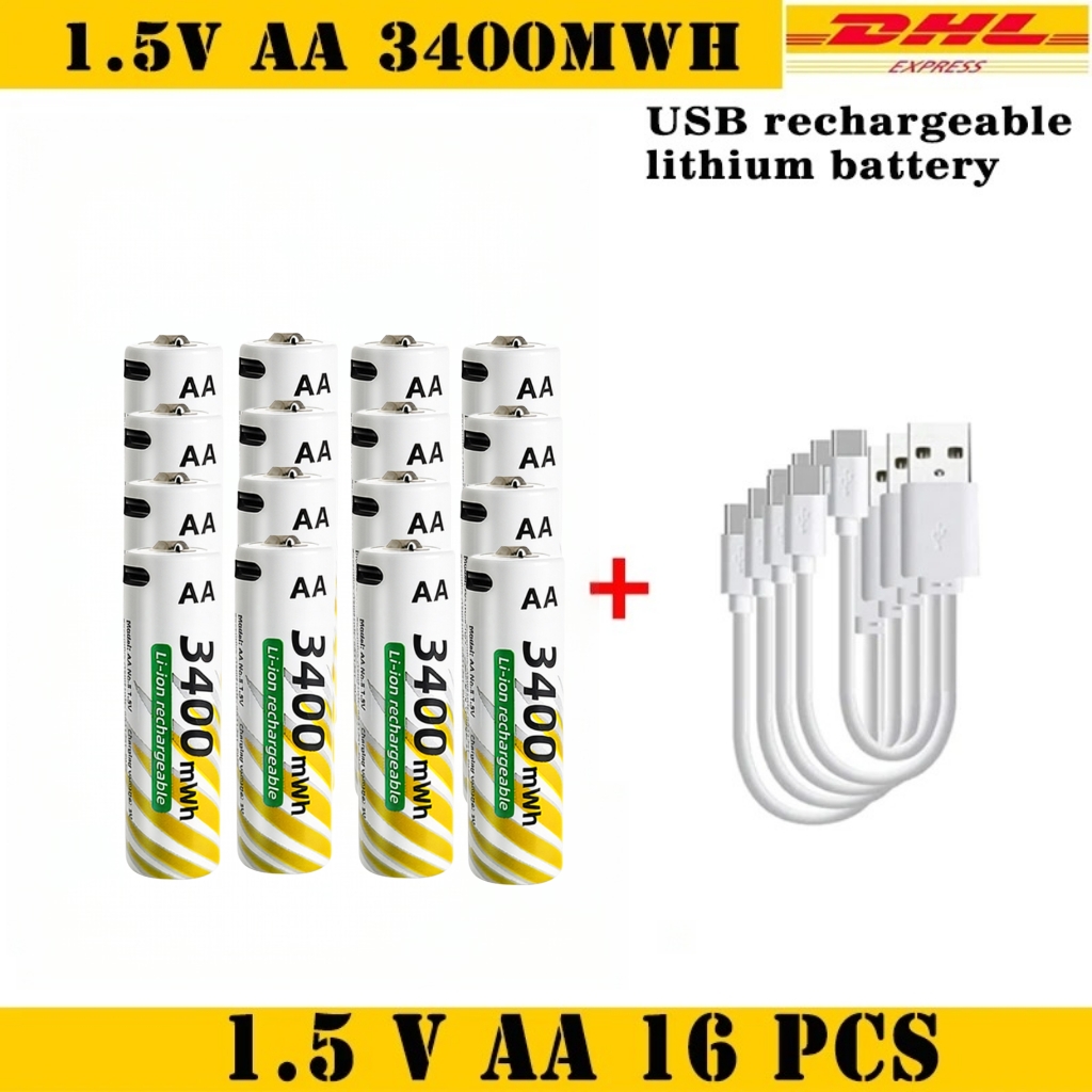 1.5V AA 3400mWh + AAA 900mWh Rechargeable Lithium Battery Set with USB-C Fast Charging Type C Cable air transport: Gold