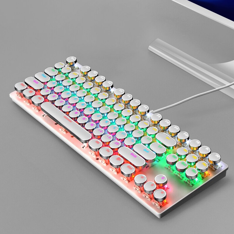 Electroplating Gaming Mechanical Keyboard Retro Punk Knob Plug-in Blue Axis Round Keycaps Backlit Keyboard For Computer Gamer: XLWK550White87Key