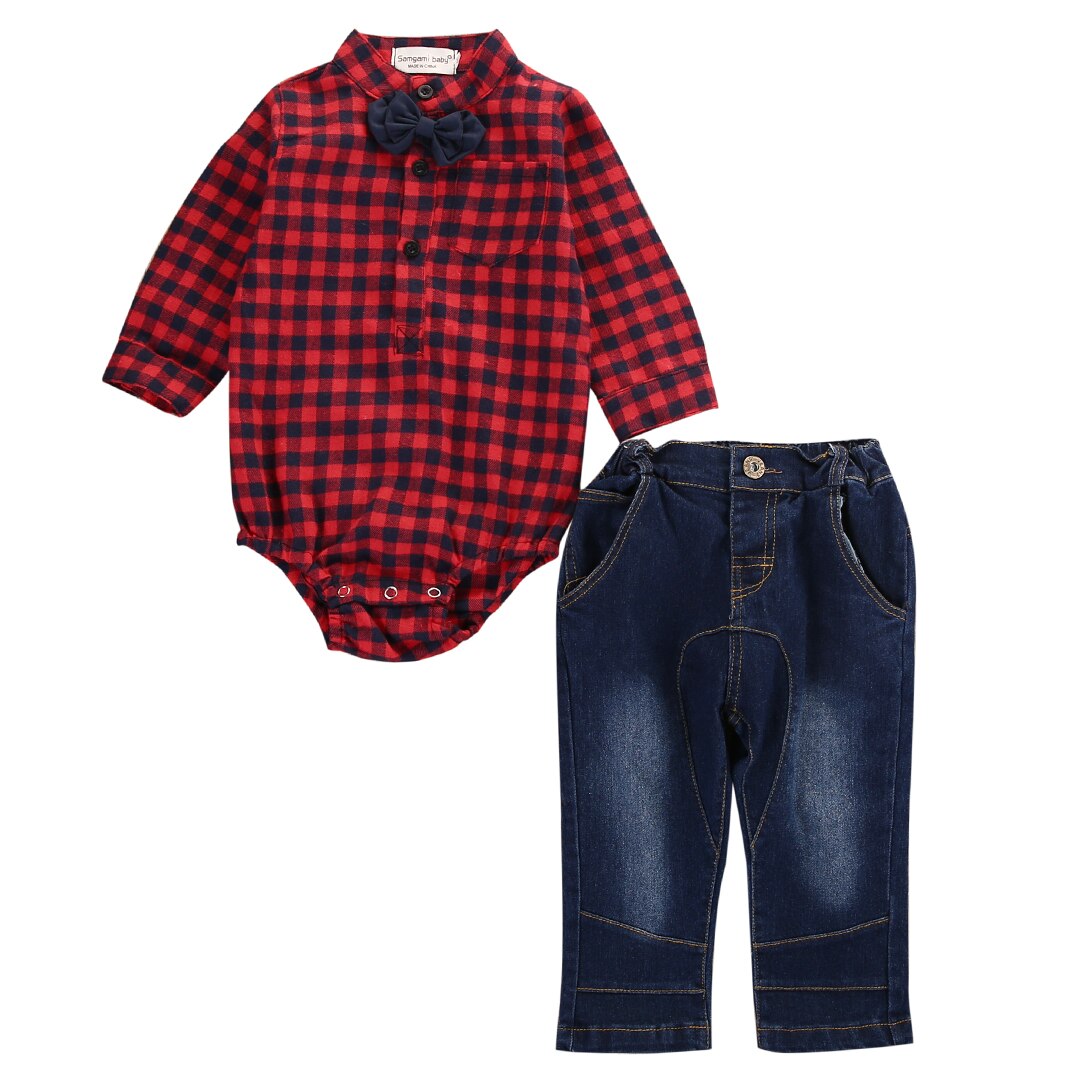 2 stks Kids Baby Boy red plaid lange mouwen Bodysuit pocket knop + Jeans Broek Outfits Kleding Set 0-18 M: Rood / 9m