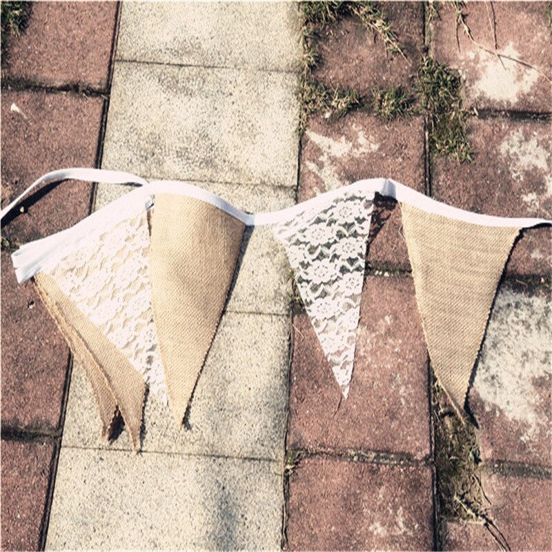 Gelukkig Gewoon Huwelijk 3.3M Bruiloft Decoratie Vintage Verjaardagsfeestje Decoraties Jute Linnen Kant Bunting Vlaggen Wimpel