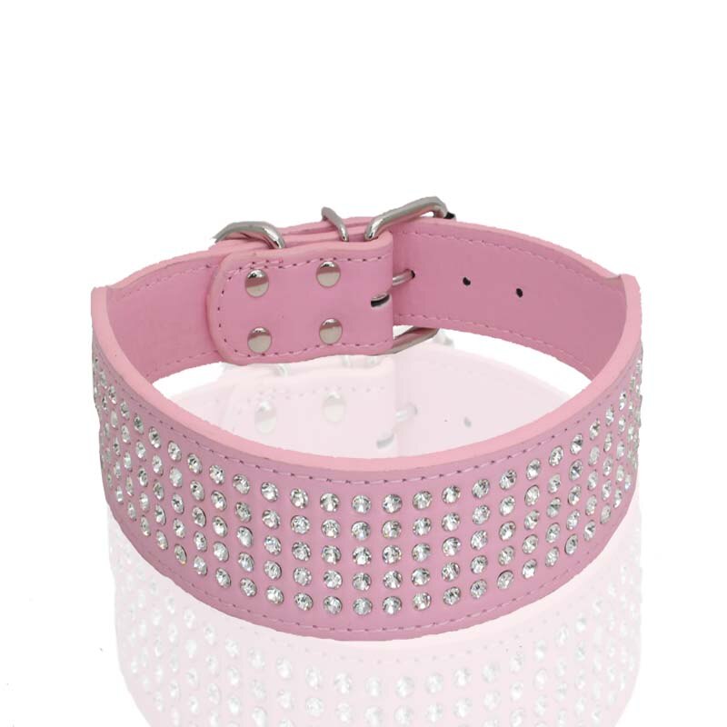 Rhinestone PU Leather Dog Collars 5 Row Diamante Bling for Large Dogs 5cm wide: M / Pink