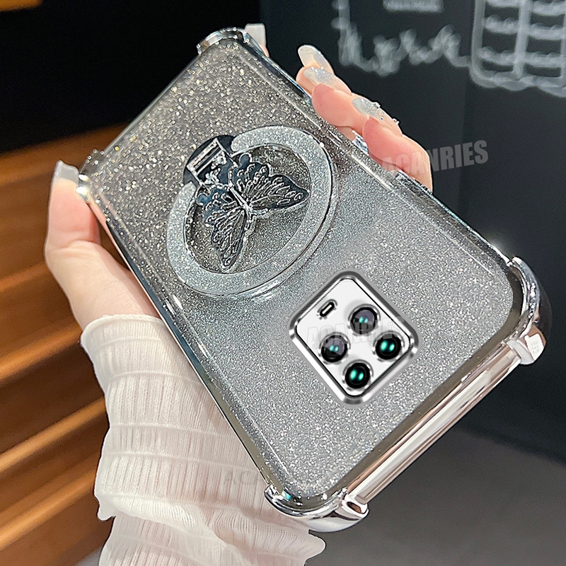 Note9s Glitter Butterfly Holder Plating Gradation Silicone Case On For Xiaomi Redmi Note 9 Pro 9pro 9s Shockproof Cover Note9pro: Denim / Jasne
