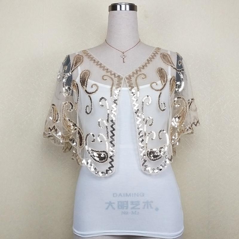 Capa de boda con cuentas de lentejuelas para mujer, Bolero, Capa, color negro, dorado y plateado, 5 colores: purebeige