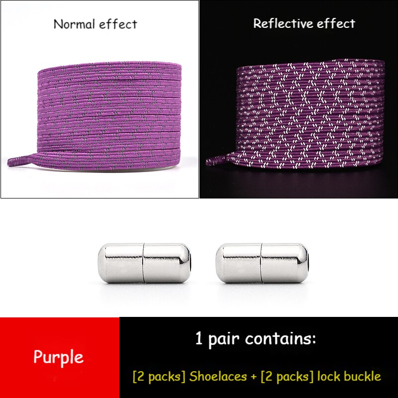 Cordones elásticos reflectantes sin lazos para zapatillas, cordones de goma para zapato que No se ata, planos y rápidos para niños y adultos: Purple