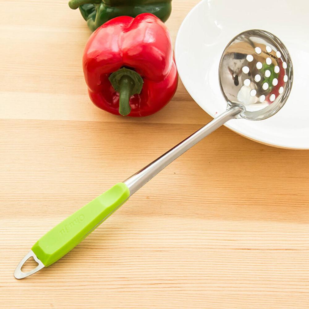 Escurridor de acero inoxidable, colador, cuchara de sopa, cucharón de sopa, utensilios de cocina, mango, colgante de pared, Color caramelo, herramientas de cocina, accesorios: green Colander
