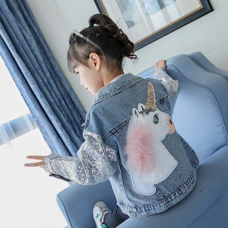 2-10Jahre freundlicher Mädchen Einhorn Jacken Herbst Mädchen Pailletten Spitzen Winter freundlicher Mädchen Denim Outwear Kleidung