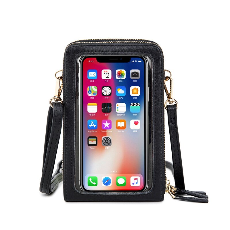 Bolso cruzado de piel sintética con pantalla táctil para mujer, bandolera pequeña de piel sintética suave con gran capacidad: Black