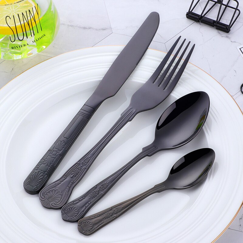 4-24PCS Luxury Flatware Set Stainless Steel Tableware Knives Forks Dining Dinner Spoon And Fork Western Food Dinnerware: 4 sets (16pcs) / black