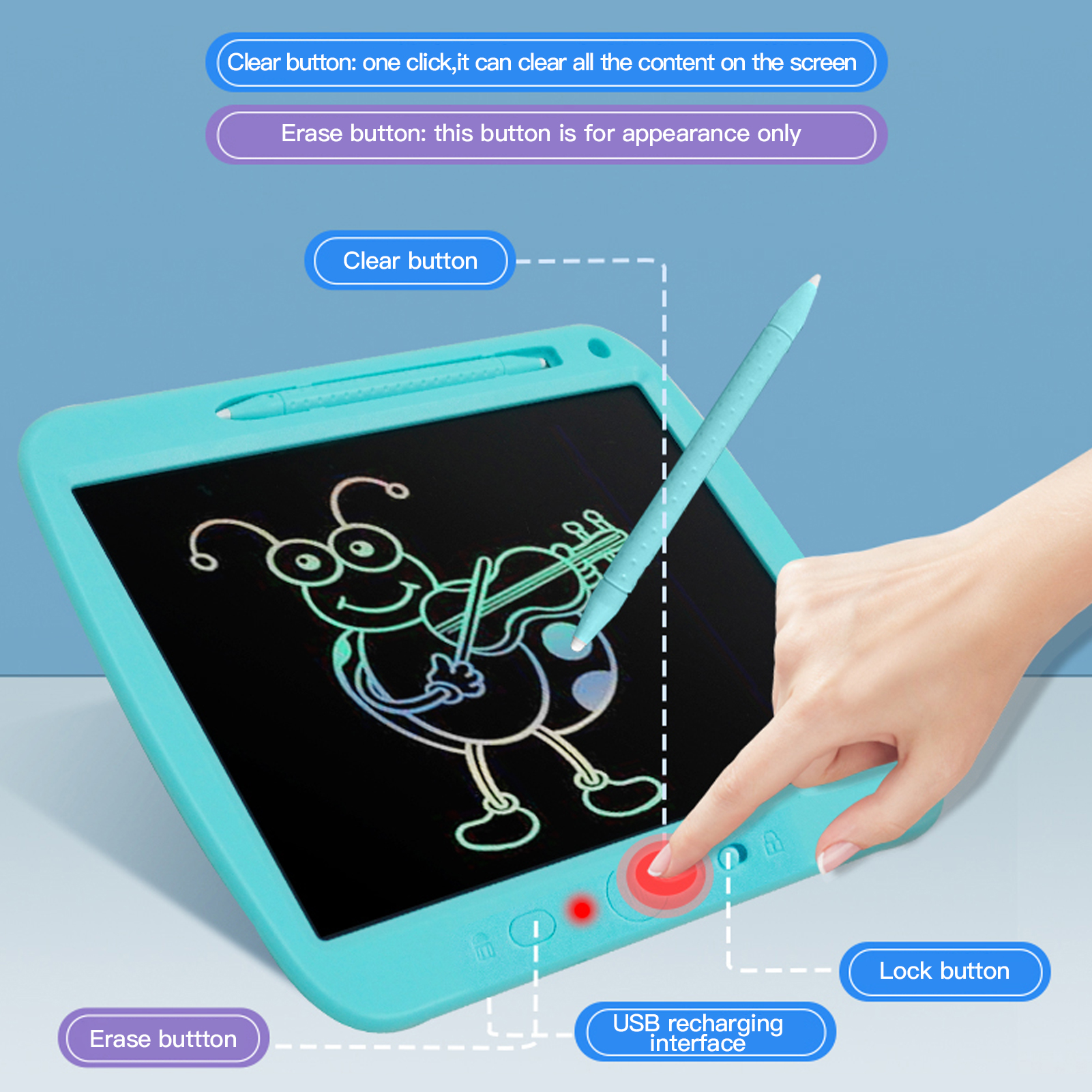 Rechargeable LCD Writing Tablet 9 Inch Handwriting Drawing Tablet with Stylus Lock Button for Toddler Kids Educational Learning