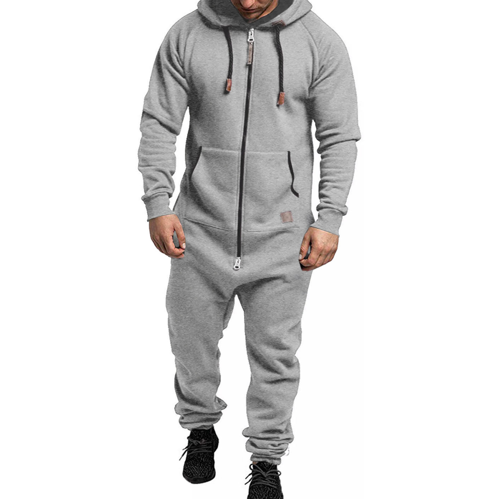 Men's Long Sleeve Full Zipper Up Overalls Sweatsuits with Drawstring Winter Hooded Jumpsuits with Pockets: S / GRAY